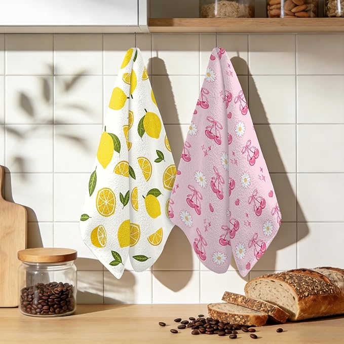 Lemon Kitchen Towels Set of 2 - Lemon Cherry Dish Towels for Kitchen Drying, Absorbent Dish Towels, Cute Fruit Kitchen Decor, Lemons Themed Gifts for Women, Summer Holiday Kitchen Accessories