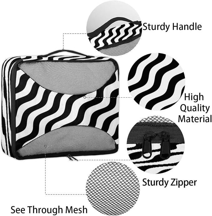 Packing Cubes for Travel, Fashion Chevrons Travel Luggage Packing Organizers for Women Men, Large Custom Toiletries Bag for Clothes Shoes, Black White Chevrons