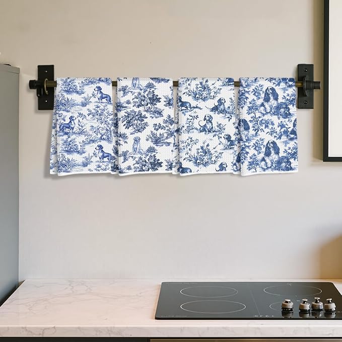 4Pcs Chinoiserie Dog Kitchen Towels, Blue and White Floral Botanical Dish Tea Towels, Grand Millenial Dog Lover Gifts Hand Towel for Kitchen Bathroom Decor, Golden Retriever Cavalier Spaniel Dachshund