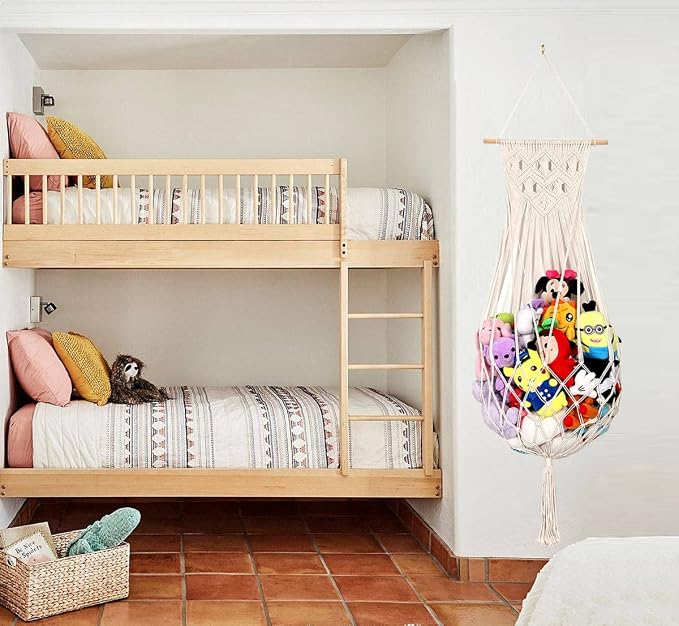Stuffed Animal Hammock Wall Hanging Net for Stuffed Animal Storage Plush Toy Holder Macrame Toy Display for Boho Kidroom Decor Nursery Organizer (Cream)