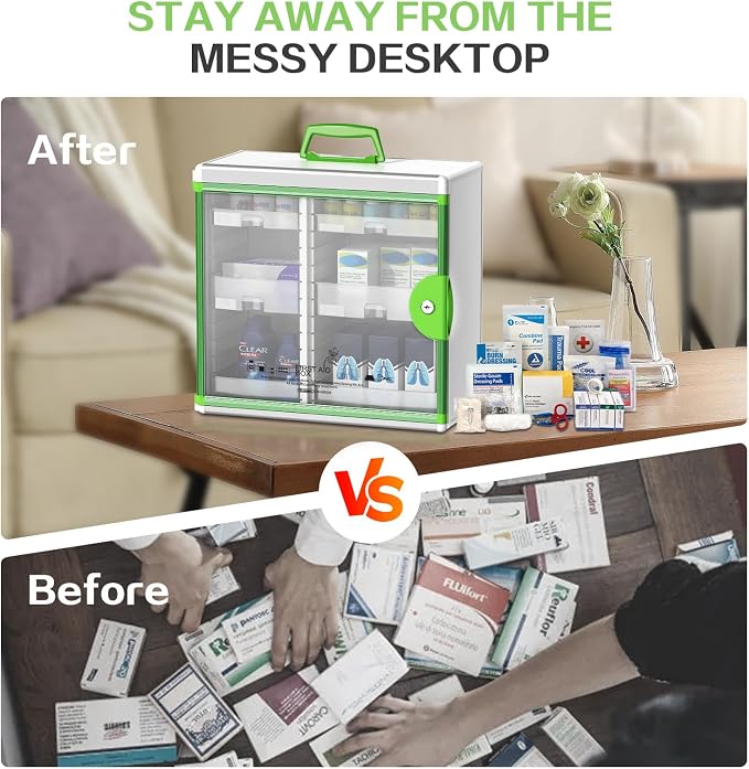 Lockable Medicine Cabinet with 6 Removable Trays, Wall Mounted & Portable Locking Medicine Cabinet Organizer with Key Lock for Home, Bathroom, Office - Aluminum Frame(15.63 * 6.5 * 15.43Inch)