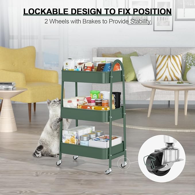3 Tier Utility Rolling Cart, Metal Storage Cart with Handle and Lockable Wheels, Multifunctional Storage Organizer Trolley with Mesh Baskets for Kitchen, Living Room, Office, Garage (Jungle)