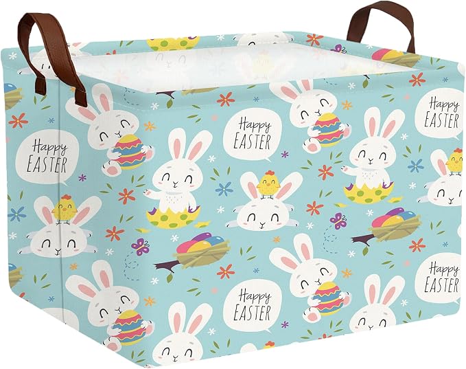 Large Rectangular Easter Baskets Empty Waterproof Boy Toy Box Foldable Kid's Gifts Storage Bin Spring Room Decor(Flower Rabbit Holding Egg)