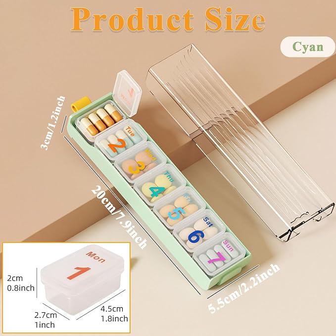 Pill Organizer, Weekly Travel Daily Portable Pill Dispenser Case | Pill Case Box Holder, 7 Compartment Medication Planner for Meds, Vitamin, Medicine, Tablets, Fish Oil, Supplements (Cyan)