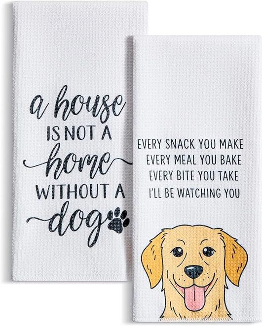 Set of 2 Waffle Weave Kitchen Towels, 380 GSM Absorbent Quick-Dry Microfiber Dish Towels, Funny Dog Tea Towels, 18 x 30 Inches, Gift for Dog Lovers, Kitchen Decor