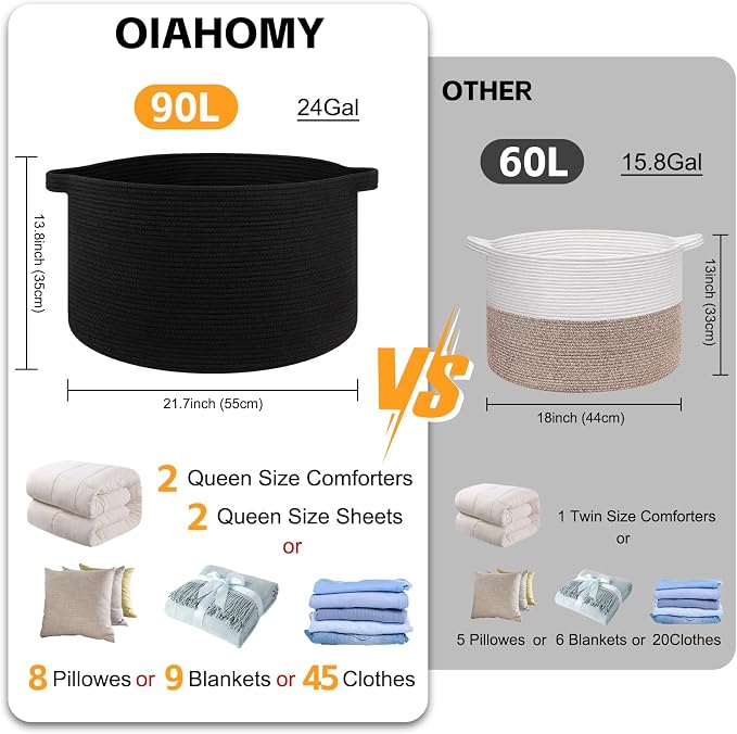 OIAHOMY 90L XXXLarge Blanket Basket for Living Room, 21.7" x 13.8" Woven Cotton Rope Laundry Basket for Organizing Pillows, Decorative Stuffed Animal Toy Storage for Nursery, Black