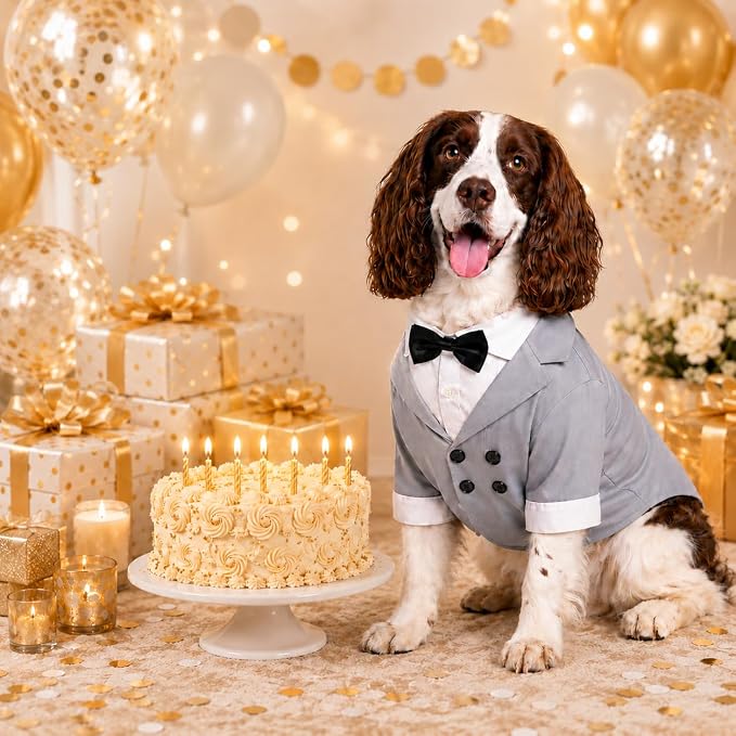 Lovelonglong Pet Costume Dog Suit Formal Tuxedo with Black Bow Tie for Medium Dogs Beagle Clothing Gray L-S