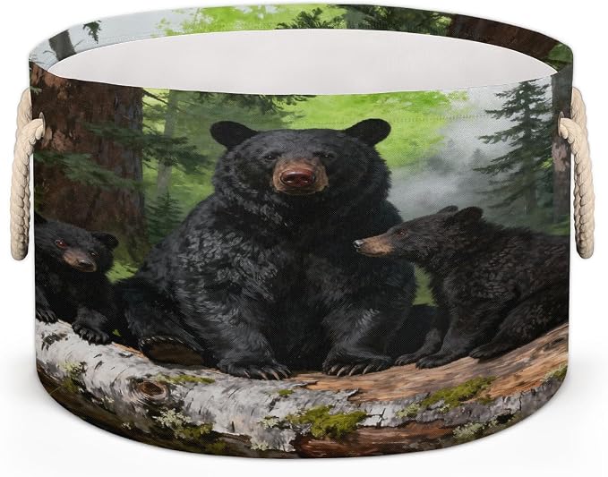 Large Storage Baskets - Black Bear Family Nursery Organizer Bin Box with Handles Collapsible Round Laundry Hamper for Kids Toys Pet Blanket, Bedroom Living Room Home Decor Gift Basket