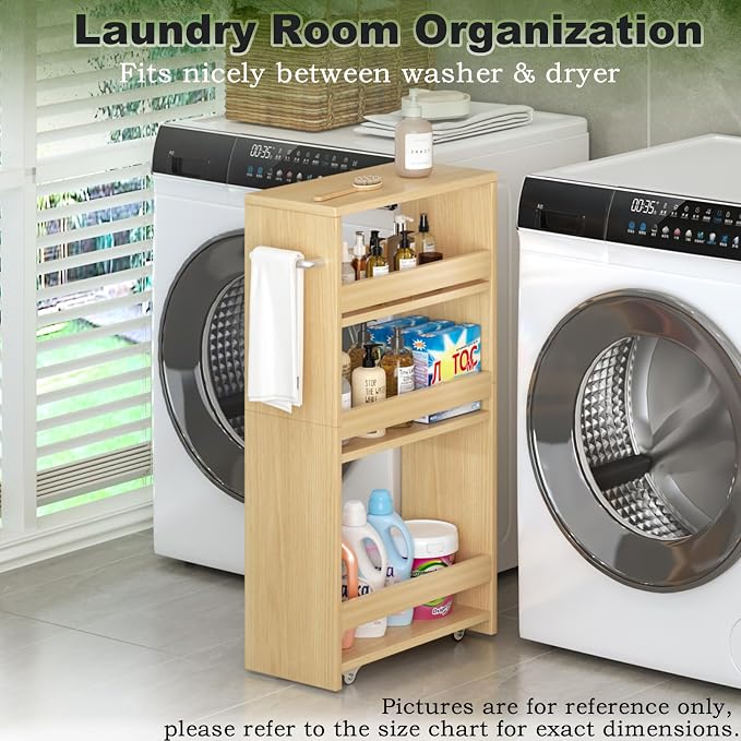 MARTY Slim Rolling Storage Cart, Wood Utility Kitchen Bathroom Laundry Cart | 4 Tier Kitchen Cart with Wheels Handle, Laundry Room Organization Between Washer and Dryer, Narrow Storage Cabinet, 8” Wide