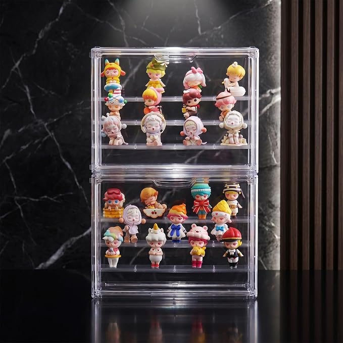 3 Tiers Clear Acrylic Display Case, Plastic Storage Bins with 2 Adjustable Divider and Magnetic Door,Stackable Display Box for Figures Showcase (XLarge -with 3 partition plate-1pack)