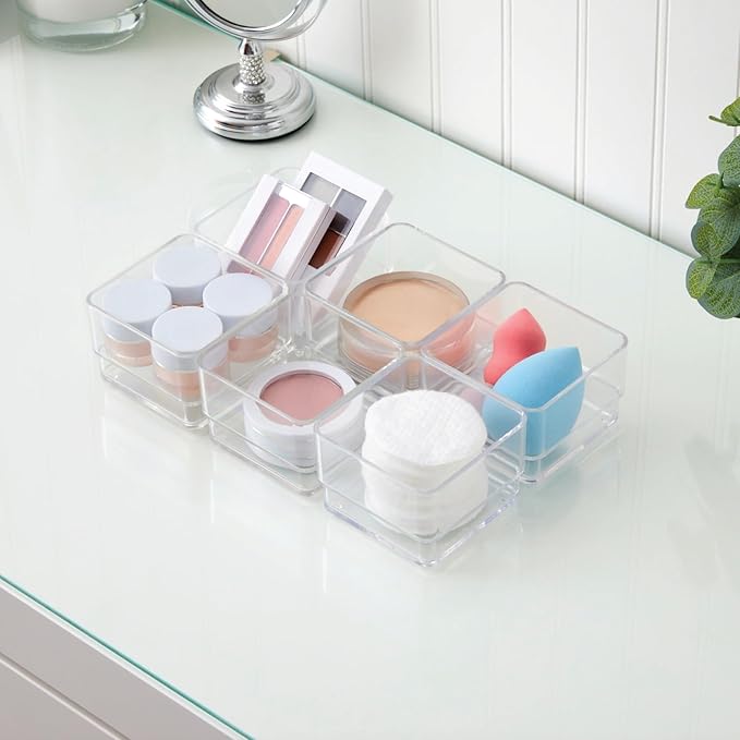 STORi SimpleSort 6-Piece Stackable Clear Drawer Organizer Set | 3" x 3" x 2" Square Trays | Small Makeup Vanity Storage Bins and Office Desk Drawer Dividers | Made in USA (Pack of 2)