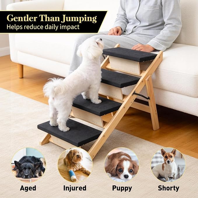 BRIKY 2-in-1 Dog Stairs/Ramp with 4 Steps | Foldable Dog Stairs for High Beds Cars Couch, Durable Wooden Pet Stairs for Small Medium Large Dogs, No Assembly Required