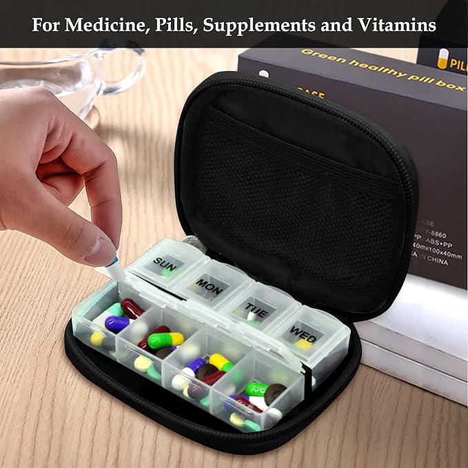 Serfeymi Weekly Travel Pill Organizer Pill Case for Purse with Removable 7 Day Pill Box, Fashionable Travel Medicine Organizer Pill Container for Medicine, Vitamin, Supplement - Black 01