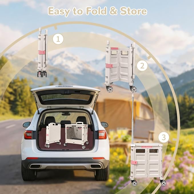FELICON SELORSS Folding Utility Cart Portable Rolling Crate Handcart-Gray | Magnetic Sliding Lid+Lockable Transparent Front Panel,Telescoping Handle,4 Swivel Wheels Tote for Travel Shop Office Teacher
