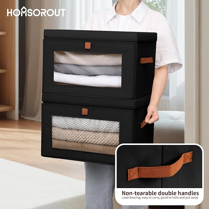 Large Closet Storage Bins - Collapsible Clothes Organizer with Handles & Window, Decorative Boxes with Lids, Linen Closet Organizers for Living Room, Dorm, 8 Pack, Black