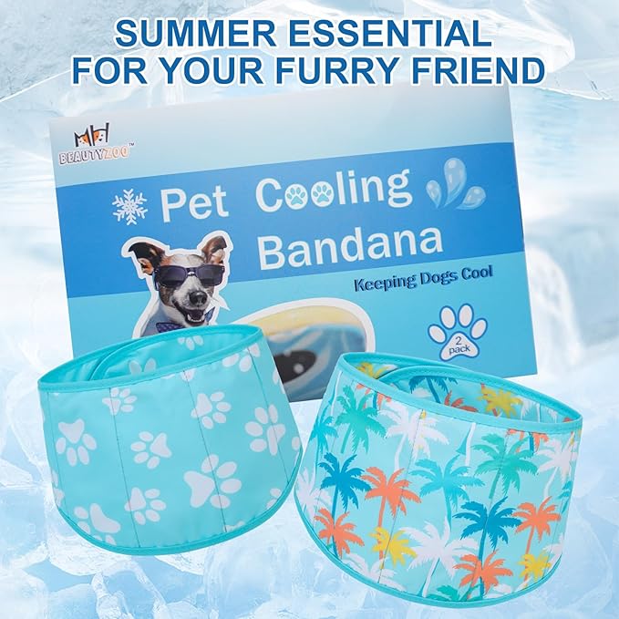 BEAUTYZOO Dog Cooling Bandana for Medium Large Dogs, 2 Pack Instant Cooling Bandanas Breathable Cooling Ice Towel Neck Wraps,Keep Dogs Cool in Hot Summer, Blue Paw M