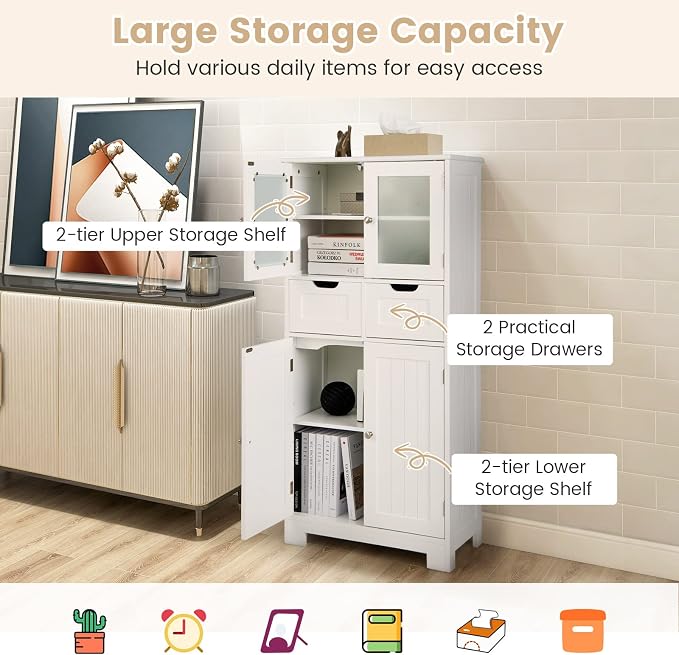 LOKO Bathroom Cabinet, Linen Storage Organizer with Doors & Drawers, Wooden Floor Cabinet with Adjustable Shelves for Bathroom, Living Room or Kitchen (White)