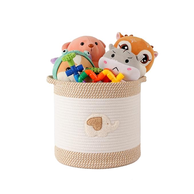 Toy Storage Baskets Woven Cotton Rope Storage Basket for Kids, Blanket Baskets for Living Room Toy Basket Box Toys Organizer with Embroidery Decor Cute Baskets for Nursery, Playroom (Elephant)