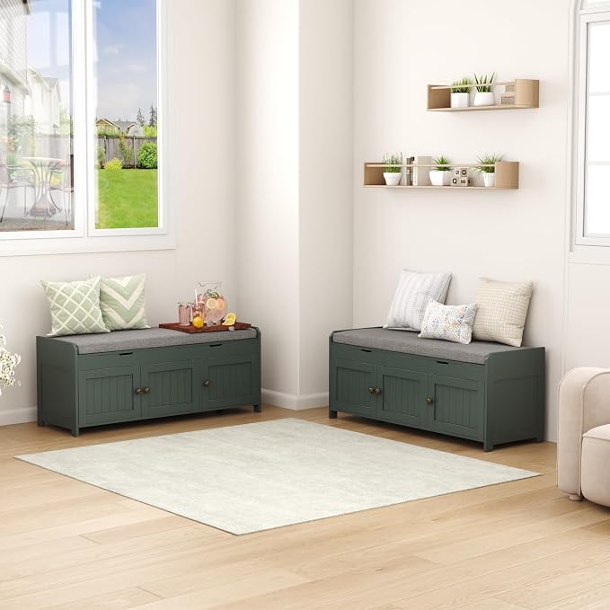 HOMEFORT 41.3" Shoe Bench with Lift Top Storage, Entryway Bench with Cushioned Seat, Wooden End of Bed Bench, Shoe Cabinet Bench with Hidden Storage Space, for Bedroom, Hallway,Green