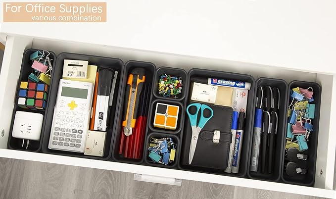 Kutesna 15PCS Interlocking Drawer Organizer, Plastic Desk Organizers Set | 3-Size Versatile Storage Bins,BPA-free, Non-slip, Fits Any Drawer for Cosmetics, Bathroom, Tools, Kitchen and Office