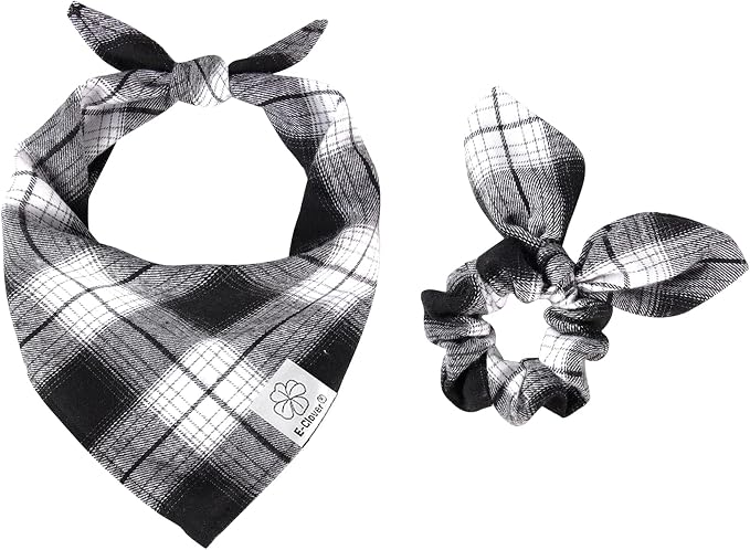 E-Clover White Black Plaid Dog Bandanas Matching Dog Bandana and Scrunchie | Matching Dog and Owner Clothes Dog Mom Gifts Dog Bandanas Girl Boy