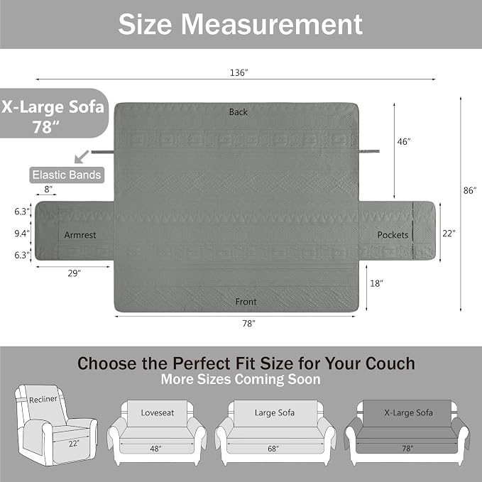 Soft Boho Quilted Couch Cover with Pockets for Extra-Large Sofa, Anti-Slip Boho Sofa Covers Washable for 3 Cushion Pet Friendly, Oversized Sofa Cover Water-Repellent (X-Large Sofa 78", Gray)