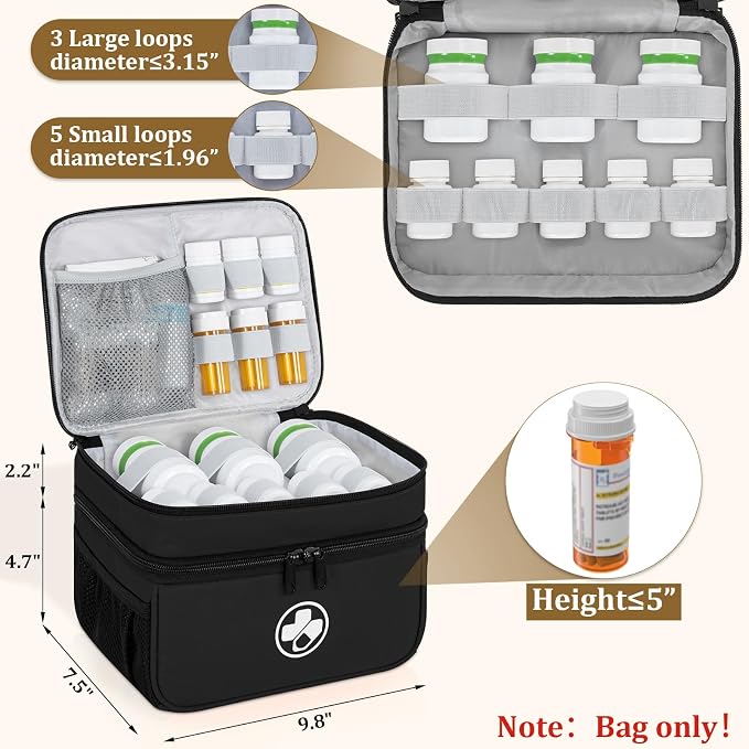 Dual Layers Medicine Organizer, Lockable Travel Pill Bag, Black | Adjustable dividers for neat pill organization. Durable zippers & portable design suit daily use, travel or first aid kit