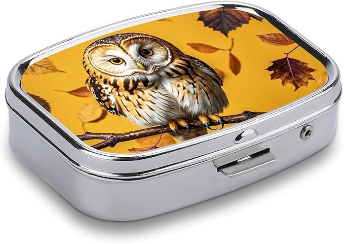 Owl Branch Pill Box 2 Compartment Medicine Pill Case Portable Pill Organizer for Pocket Or Purse Decorative Metal Medicine Vitamin Organizer