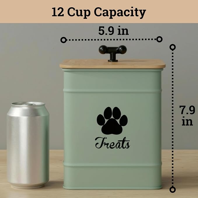 Dog Treat Container Airtight, 6"W x 8"H, Powder Coated, 12 Cup Capacity | Fits All Popular Treats, 12 Cup Capacity, Airtight Bamboo Lid, Easy Open Lid, Dent-Resistant Durable Metal Bone-Shaped Handle