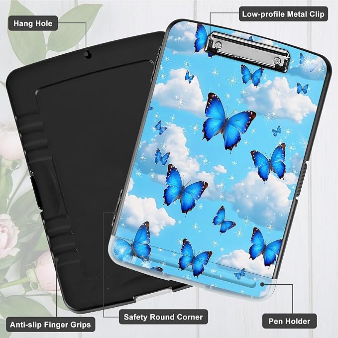A4 Clipboard with Storage Pen Holder, Clipboards Organizer Nursing Clipboard Foldable File Folder Plastic Clipboard Folio Clip Board for Office Classroom Doctor, Blue Butterfly White Cloud