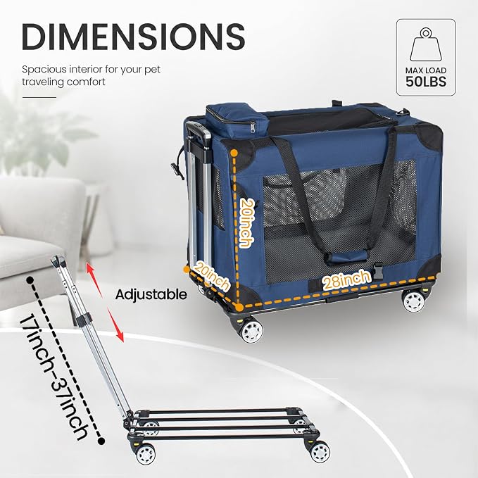 28" Pet Carrier with Wheels, 50 lb Soft Sided Foldable Dog Crate, 3 Mesh Doors, Detachable Wheels, Dark Blue Travel Kennel for Vet Visits and Medium Large Dogs
