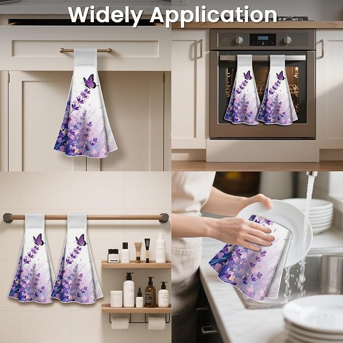 CUTHOLLOW Purple Lavender Flower Hanging Kitchen Towels with Loop, Set of 2 - Soft & Super Absorbent Microfiber Decorative Hanging Dish & Hand Towel, Tea Coffee Towel for Kitchen Bathroom Oven Handle