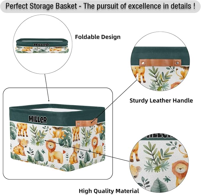 Custom Rectangular Baby Storage Basket, Kids Toys Bin, Books Shelf Basket, Clothes Towel Storage Bin for Nursery, Gift Basket, Pet Basket, Watercolor Leaf Animal Lion Koala