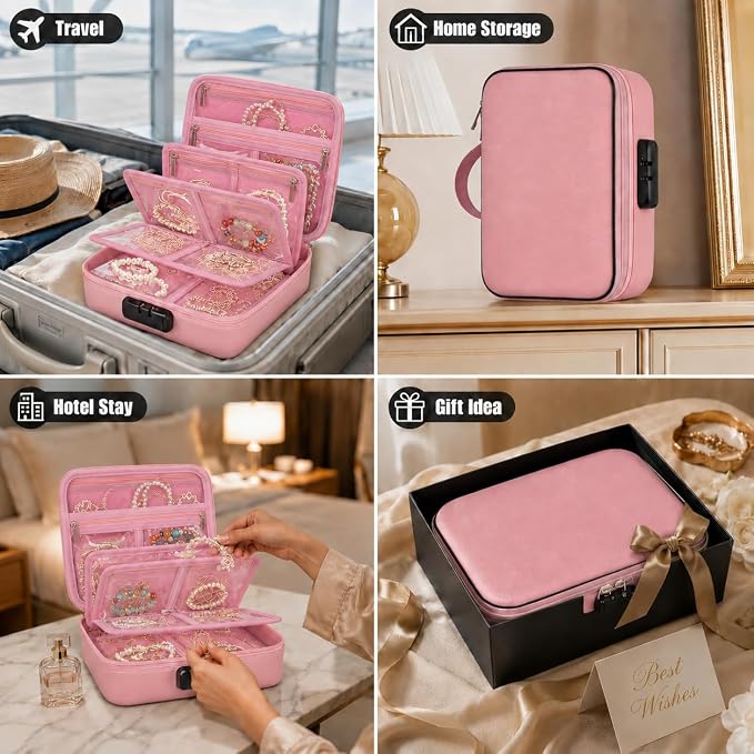 Fireproof Travel Jewelry Organizer Case with Lock & 6 Binder Pages | Silicone-Coated Fiberglass, Tangle-Reducing Layout Clear Storage Book for Necklaces Earrings Rings Bracelets-Bag Only Pink