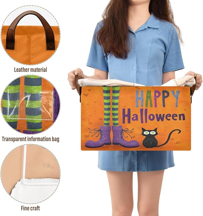 Happy Halloween Witch and Cat Storage Basket Foldable Cube Storage Bins with Handles&Label Waterproof Organizer Box Bin Large Rectangle Decorative Baskets for Shelves Home Room Laundry, 2 Pack