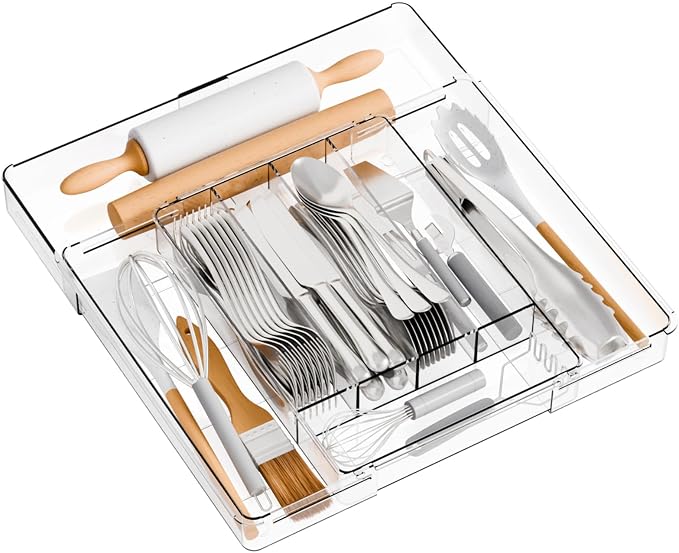 Acrylic Clear Expandable Kitchen Utensil Drawer Organizer and Silverware Organizer,BPA FREE Adjustable Silverware Tray for Drawer Cutlery,Spatula,Tools,Flatware Organizers,Fork and Spoon Holder
