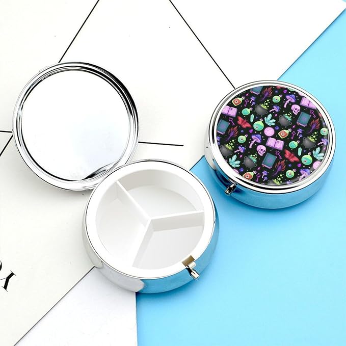 Round 3 Compartment Pill Organizer Witch Witchy Mushroom Skull Goth Gothic Black, Cute Metal Pill Case with Mirror for Purse Pocket