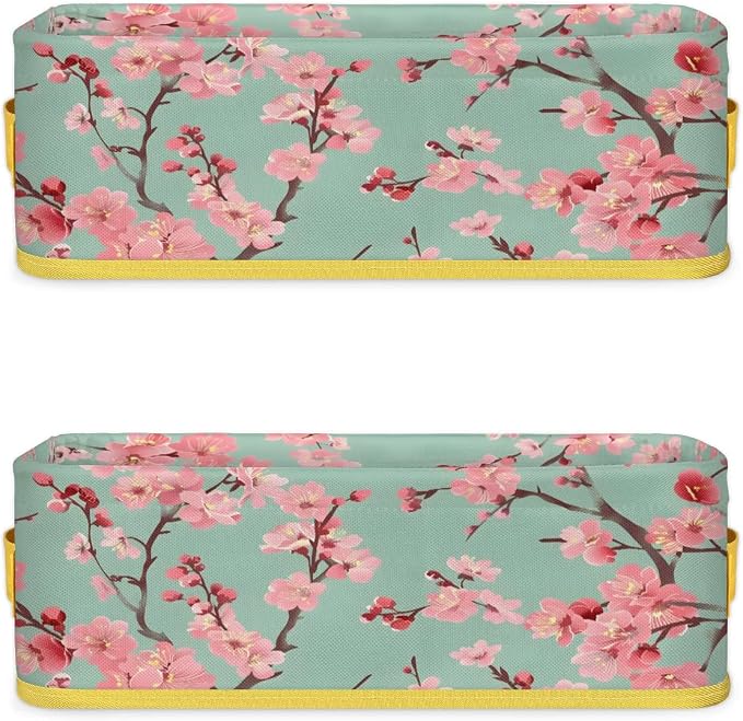 Beautiful Pink Flower Bathroom Storage Basket, Foldable with Handle Open Countertop Paper Towel Decorative Box, Toilet Tank Top Shelf Baskets for Home Closet Bedroom Living Room Office