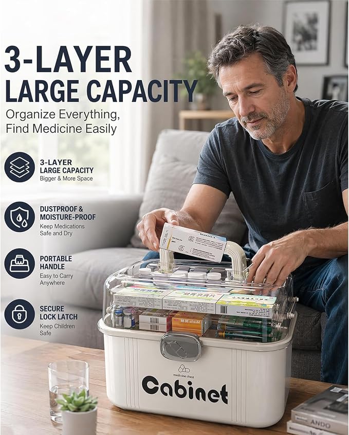 3-Tier Folding Medicine Cabinet Organizer with Handle, Clear Portable Medicine Storage Box for Home, Multifunctional First Aid Caddy with Secure Latches, Large Capacity Medical Supply Organizer