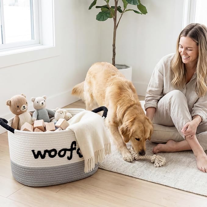 Zhehao Dog Woven Toy Basket with Handles, 15 x 11 x 9 in, White Gray | Cotton Rope Dog Toy Storage Bin, Pet Basket with Woof Bone Embroidery, for Puppy Bone & Blankets