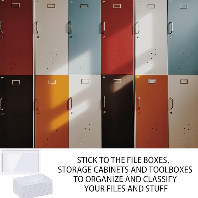 Self Adhesive Label Holders, Storage Bin Label Pockets, 2.3x3.7'', 40pcs | Clear Drawer Labels, Waterproof Adhesive Self Tag for Cabinet, Supermarket, Bookself, Business Card, Mailbox, with Inserts
