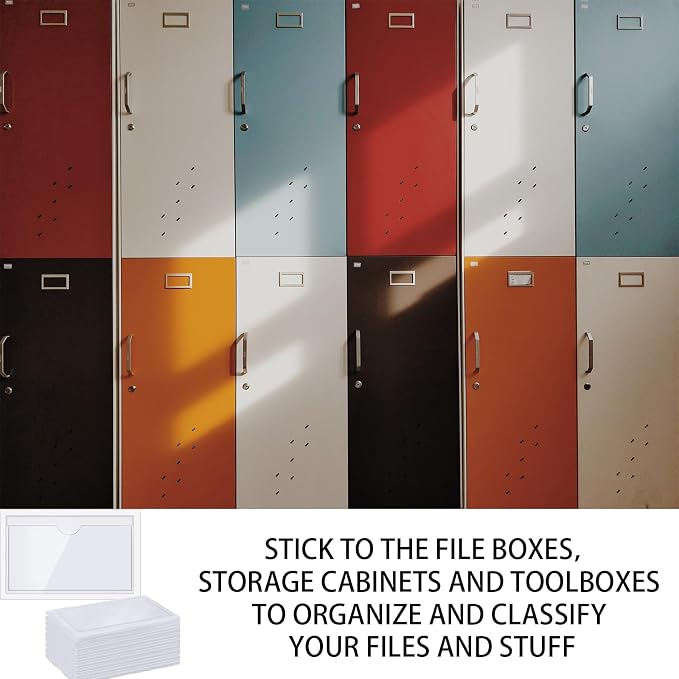 Self Adhesive Label Holders, Storage Bin Label Pockets, 2.3x3.7'', 60pcs | Clear Drawer Labels, Waterproof Adhesive Self Tag for Cabinet, Supermarket, Bookself, Business Card, Mailbox, with Inserts