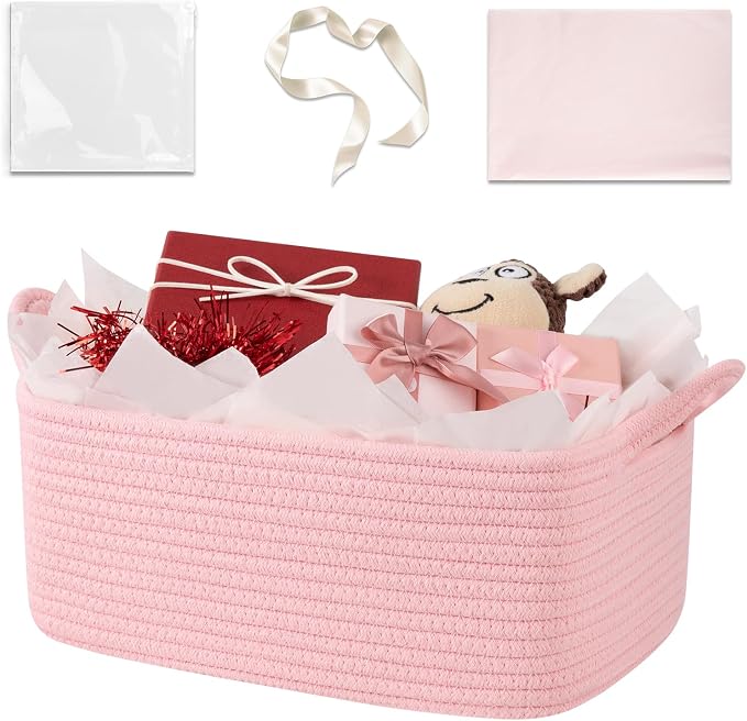 OIASKET Gift Basket Empty with Handle, Small Woven Baskets for Gifts Empty | 13.6"x10"x5.9", Baby Shower Toy Storage Baskets, Dog Toy Storage for Organizing, with Gift Bag Ribbon Tissue Paper