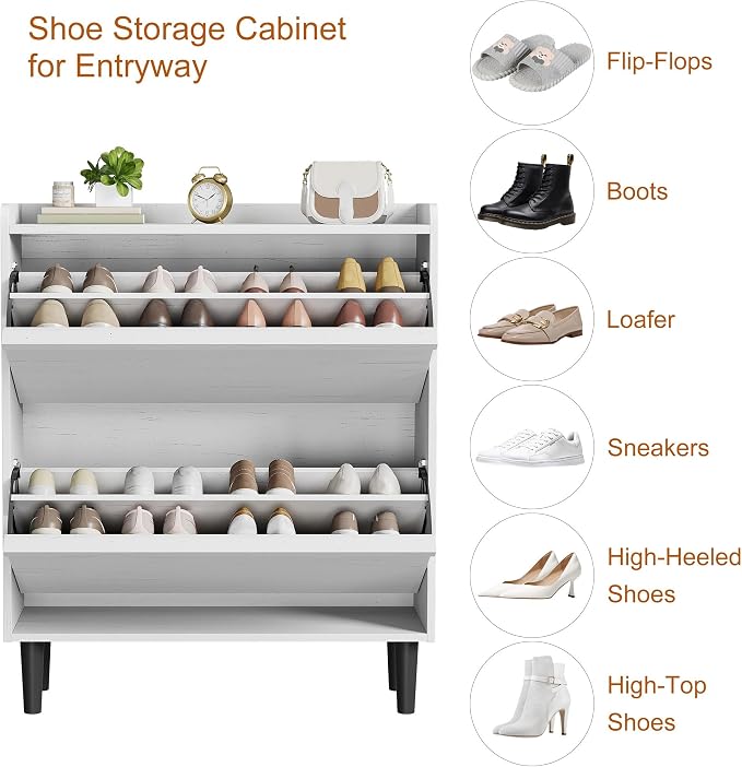 GarveeHome Shoe Cabinet with 2 Flip Drawers, Wooden Shoe Organizer with Adjustable Shelf, Shoe Storage for Entryway, Hidden Shoe Cabinet for Hallway, Living Room, White