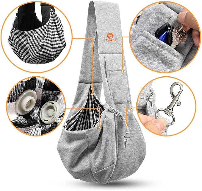 Tomkas Small Dog Cat Sling Carrier Puppy Purse Travel Wrap Soft Crossbody Pet Bag (Gray, M - Classic Pocket & Classic Strap)