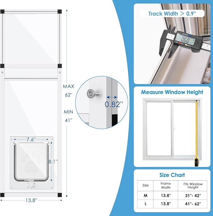 Vertical Cat Door for Window, Fits 41"-62" Height Window, 1-Min Install | Aluminum Frame + HD Glass | Weatherproof Design | Magnetic Closure Window Cat Door Insert, Adjustable Pet Door Window for Cats