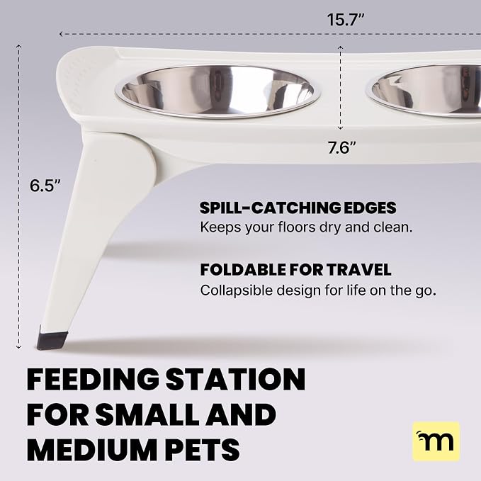 MalsiPree Elevated Dog Bowls - 6.5in Raised Stand, 2 Steel Bowls | Foldable raised feeder - splash guard, 2 steel bowls - Use for small dogs, travel & feeding station