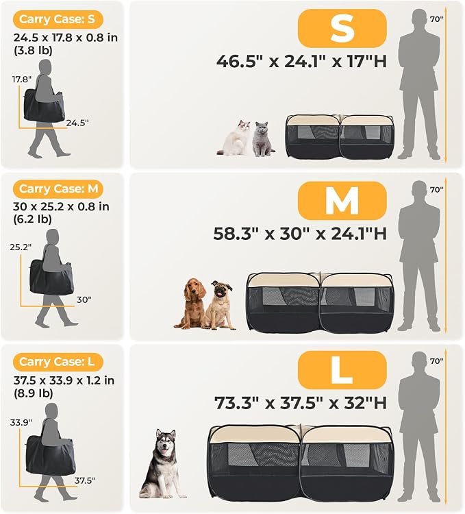 2-in-1 Dog Playpen 46.5''Pop Up Cat Pet Playpen, Assembly-Free Indoor Outdoor Kitten Enclosure, Kitten Pen Cat Cage Portable Puppy Tent Crates Kennel for Small Animals(No Divider, Unified Space)
