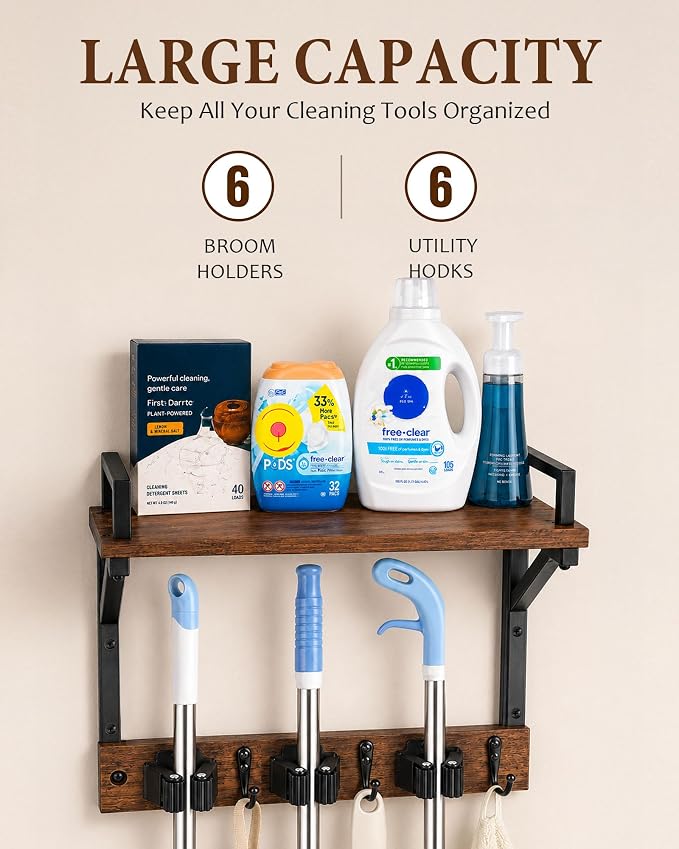 Lorbro Broom Holder Wall Mount with Cleaning Supplies Storage, Heavy Duty | 3 in 1 Broom and Mop Organizer Wall Hanging, Wooden Mop Organizer Hanger, Storage Shelves for Laundry Room, Garage