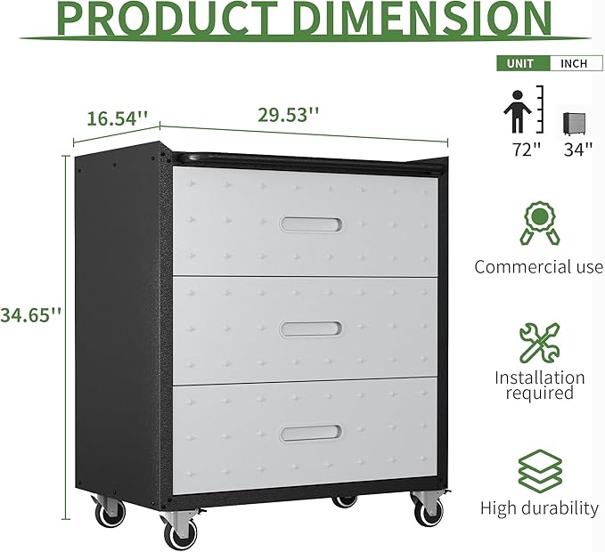 3 Drawer Metal Mobile Garage Tool Storage Cabinet with Wheels,Gray | Heavy Duty Rolling Tool Cabinets,Metal Storage Cabinets ,Assembly Required